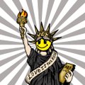 A small pixel art character resembling a yellow figure wearing a Statue of Liberty crown, holding a torch and a gold coin, set against a background of radiating black and white lines.