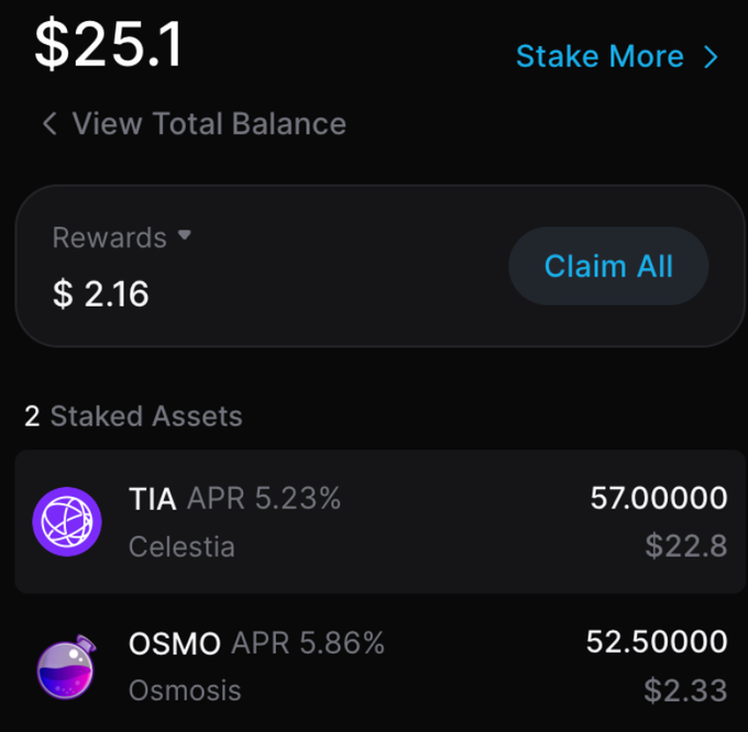 A crypto wallet screen showing a total balance of $25.1 with $2.16 in available rewards, listing 2 staked assets: TIA (Celestia) at 5.23% APR and OSMO (Osmosis) at 5.86% APR.