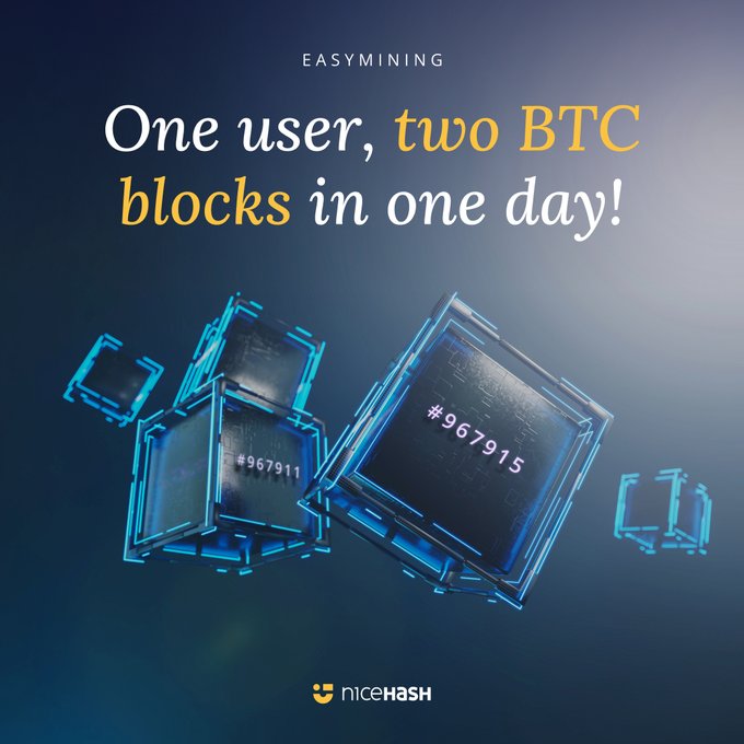 An advertisement graphic from NiceHash EasyMining with the text 'One user, two BTC blocks in one day!' showing stylized blue mining hardware.