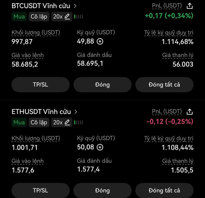 A cryptocurrency trading interface in Vietnamese showing perpetual positions for BTCUSDT (profit +0.17 USDT) and ETHUSDT (loss -0.12 USDT), both with 20x leverage.