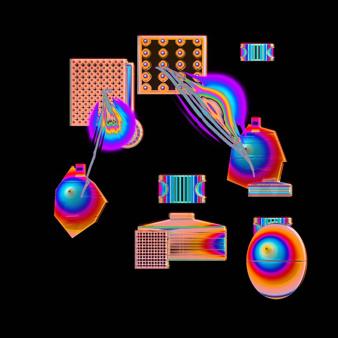 A psychedelic digital artwork featuring various geometric shapes like pentagons, spheres, and grid patterns rendered with vibrant, neon color gradients and abstract flowing elements against a black background.