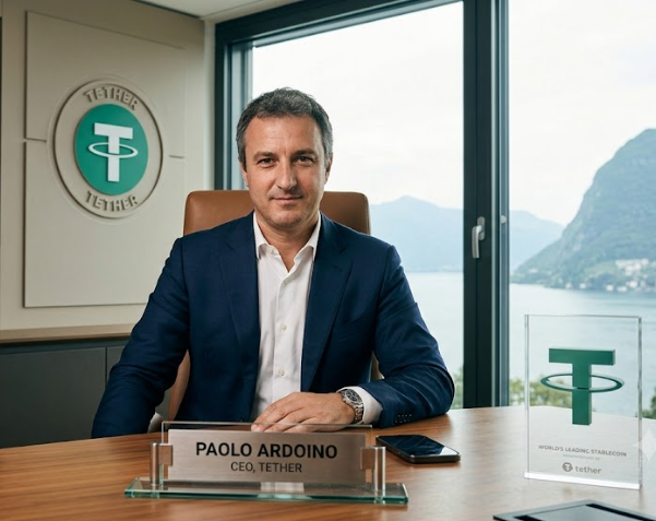 A formal portrait of Paolo Ardoino, CEO of Tether, sitting at a desk with a Tether logo behind him and a glass plaque reading 'WORLD'S LEADING STABLECOIN' by tether on the desk.