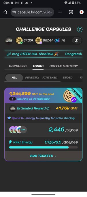 A mobile screenshot of the 'Challenge Capsules' page on capsule.fsl.com showing a GMT token task with 1,244,600 GMT in the pool, an estimated reward of +1.76k GMT, requiring energy spending, with 2,446/10,000 participants and total energy at 173,578.5/200,000.