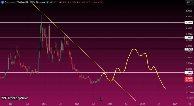A weekly TradingView chart for Cardano/TetherUS (ADAUSDT) on Binance showing price decline from highs above 1.1974 down to 0.2438, with yellow drawn trendlines and projections suggesting further downward movement into 2027-2029.