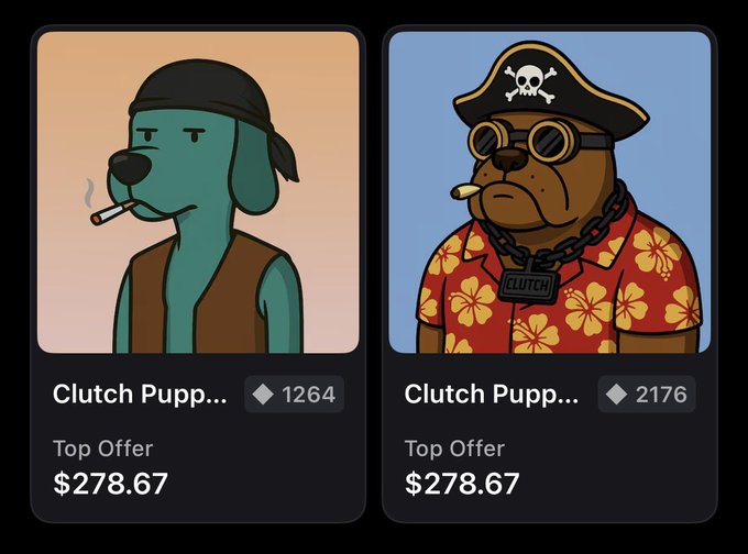 Two NFT listings for "Clutch Pupp..." show cartoon dog characters with top offers of $278.67, priced at 1264 and 2176 ETH respectively.