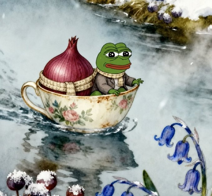 A whimsical illustration depicts a sad-looking Pepe the Frog character wearing a scarf, sitting inside a floral teacup next to a large red onion.