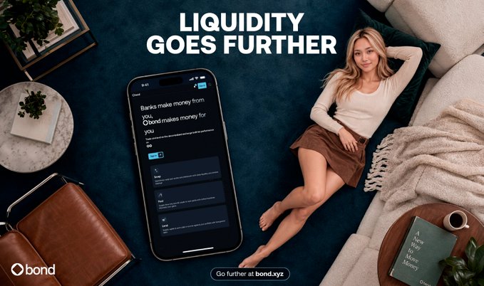 An advertisement for the bond.xyz financial app featuring a woman relaxing on a couch next to a smartphone displaying the app interface, with the tagline 'LIQUIDITY GOES FURTHER'.