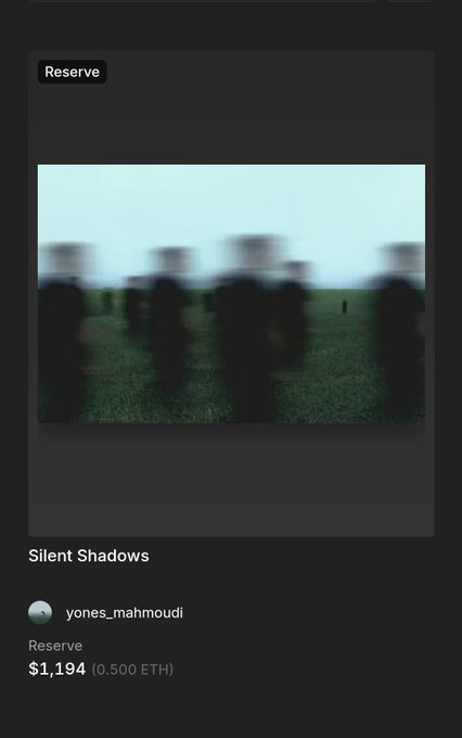 An NFT listing for "Silent Shadows" by yones_mahmoudi, marked as Reserve, shows a blurred image of figures and is priced at $1,194 (0.500 ETH).