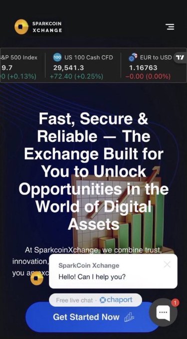A screenshot of the SparkcoinXchange website displaying market data for S&P 500 Index, US 100 Cash CFD, and EUR to USD, with a promotional message reading 'Fast, Secure & Reliable' and a chat widget.