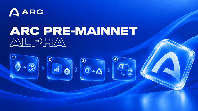 A promotional graphic for 'ARC PRE-MAINNET ALPHA' featuring a blue background with an ARC logo, a 3D cube, and icons representing network steps.