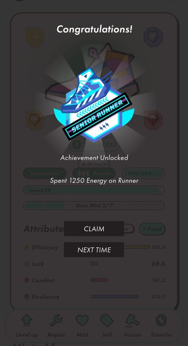 Mobile game achievement screen showing 'Congratulations!' with a 'SENATOR RUNNER' badge, indicating the player 'Spent 1250 Energy on Runner' and reached 'Level 29' with 'Shoe Mint 2/7' progress.