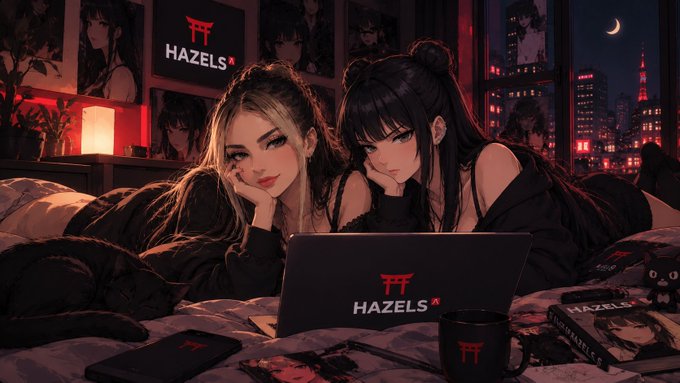 A stylized anime-style illustration shows two women lying on a bed looking at a “HAZELS” laptop in a red-lit room with city buildings outside.