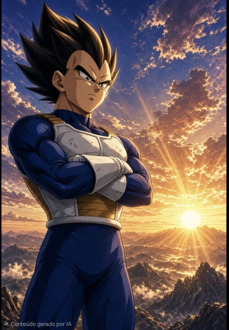 AI-generated anime artwork of a muscular character resembling Vegeta from Dragon Ball Z, standing with arms crossed against a dramatic sunset mountain landscape, labeled 'Conteúdo gerado por IA'.