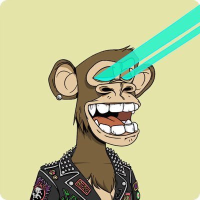 Digital illustration of a cartoon monkey with a wide grin, wearing a studded leather jacket and shooting turquoise laser beams from its eyes.