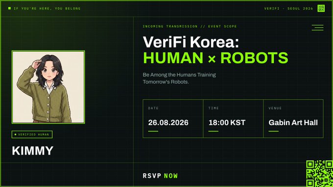 The image is an RSVP invitation for "VeriFi Korea: HUMAN × ROBOTS," an event scheduled for 26.08.2026 at 18:00 KST at Gabin Art Hall in Seoul, presented by KGEN. It features the verified human "KIMMY" with the tagline "IF YOU'RE HERE, YOU BELONG," visually promoting KGeN's expansion into AI and robotics through its Verified Human Network.