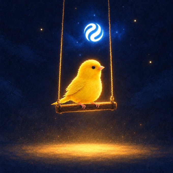 A whimsical digital illustration of a fluffy yellow bird perched on a small wooden swing, illuminated by a spotlight with a glowing blue swirl symbol and stars against a dark background.