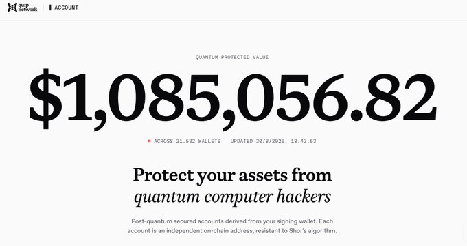 A dashboard from the XRP Ledger showing a 'QUANTUM PROTECTED VALUE' of '$1,085,056.82' across 21,532 wallets, with text promoting protection from quantum computer hackers.
