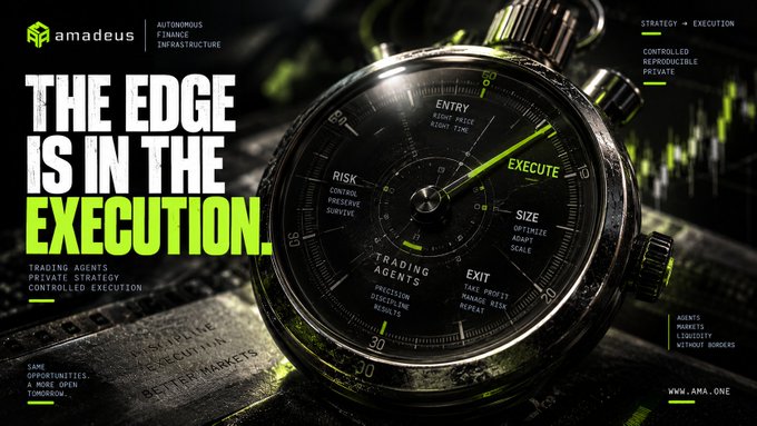 A financial advertisement features a chronograph watch with the bold text 'THE EDGE IS IN THE EXECUTION.' and highlights Amadeus Autonomous Finance Infrastructure.