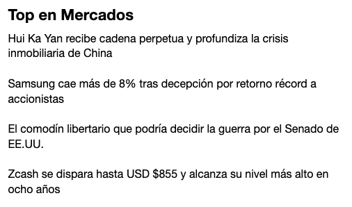 A Spanish-language news section titled 'Top en Mercados' lists headlines including Hui Ka Yan, Samsung, U.S. Senate, and Zcash reaching USD $855.