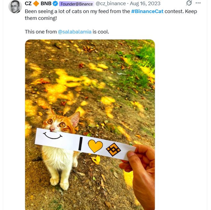 A tweet from Binance founder CZ (@cz_binance) dated August 16, 2023, showcases an orange and white cat outdoors being held next to a paper featuring a smiley face, a yellow heart, and the Binance logo, in reference to the #BinanceCat contest. The accompanying post promotes the "OG #BinanceCat" NFT to the Asian and Chinese crypto communities, highlighting BSC volume and contract address 0x66c28ec12ffebee81be7a0865d871bf96ba47777, tying the contest engagement to early NFT investment opportunity.