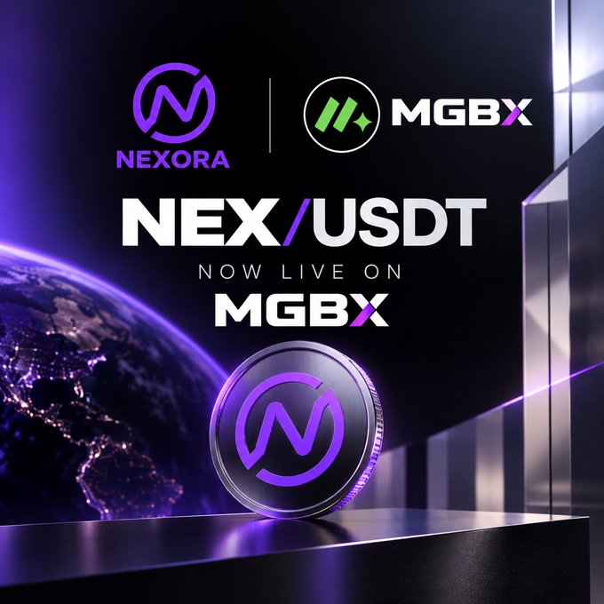 A promotional graphic announcing 'NEX/USDT NOW LIVE ON MGBX' featuring the Nexora and MGBX logos, a purple coin, and an Earth-from-space background.
