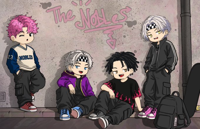 The image features a group of four cartoon boys sitting together against a wall with graffiti on it. The boys are wearing different colored jackets, including purple, black, white, and pink. One boy has his backpack next to him while another one is holding a skateboard. The background shows the text "The Nobles" written in pink letters above the group of cartoon characters.
