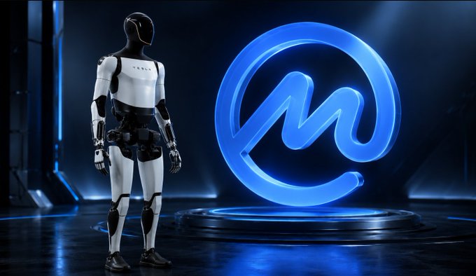 A white humanoid robot stands beside a large, glowing blue circular logo featuring a stylized 'm' or wave design on a circular platform.