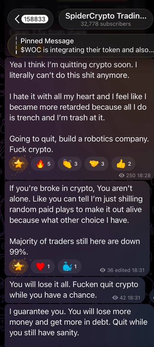 The image shows a text message conversation between two people discussing their feelings about cryptocurrency trading. The person who sent the message seems to be expressing frustration or disappointment with the current state of the market, while the other person might be trying to console them or provide support.