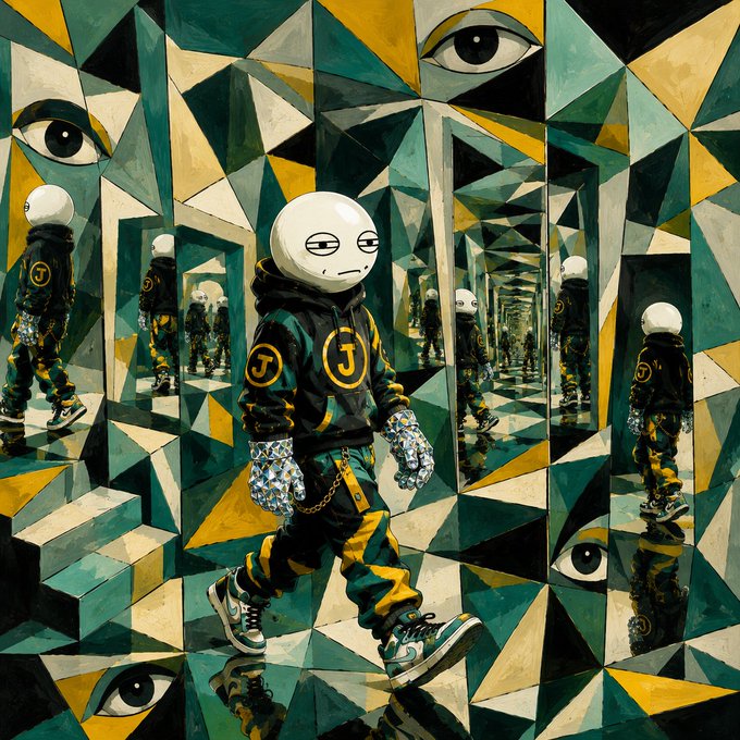 A surreal painting depicts a figure with a round white head and dark jacket standing in a mirrored geometric room with floating eyes.