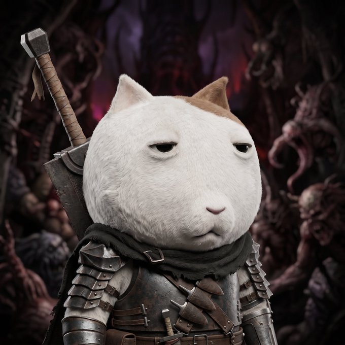 The image depicts a whimsical, armored cat character with a large sword against a dark, ominous background of monstrous figures. This visual style may relate to the "emerging Solana projects" mentioned in the post, potentially representing a unique NFT or metaverse project.