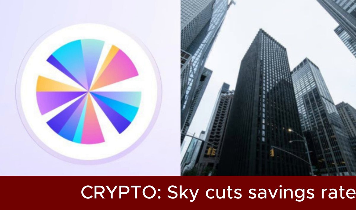 The image features a pie chart that shows the savings rate of a cryptocurrency called "Sky", which has dropped from 4.75% to 3.60%. The text below the pie chart highlights this decrease, stating that the Sky Governance dropped it to 3.60% and emphasizes the need for institutions to prioritize institutional-grade management in order to maintain and increase their savings rate.