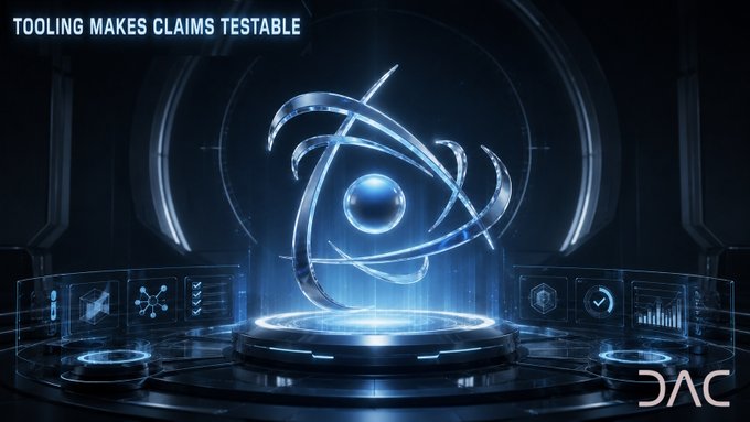 A futuristic blue digital rendering shows a crystalline sphere orbited by rings on a circular platform, with the text 'TOOLING MAKES CLAIMS TESTABLE' in the top left and a 'DAC' logo in the bottom right.