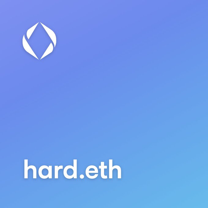 A minimalist logo graphic with a blue gradient background featuring a white diamond-like icon and the text 'hard.eth' at the bottom.