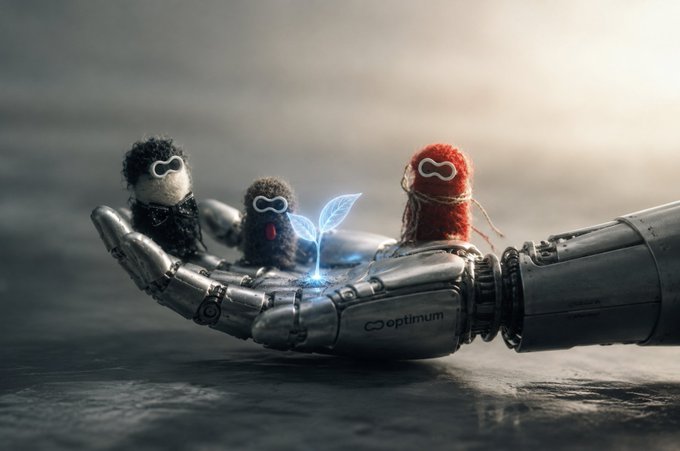 A robotic hand labeled "optimum" cradles three small finger-puppet-like creatures with goggles around a glowing blue sprout, symbolizing AI agents and blockchain partners like Optimum nurturing the growth of autonomous technology.