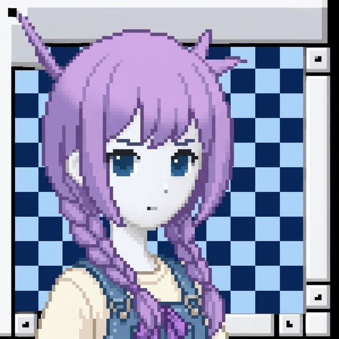 A pixel art portrait of an anime-style girl with long purple hair in twin braids and purple horn-like hair accessories, set against a blue checkered background framed like a window. The image appears to be a custom NFT-style mint, accompanying a post celebrating the user successfully minting it, with the artist credited as @KHFRHN.