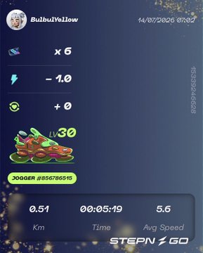 A STEPN GO app screenshot showing jogging stats for user 'BulbulYellow' with 0.51 km, a time of 00:05:19, and 5.6 avg speed.