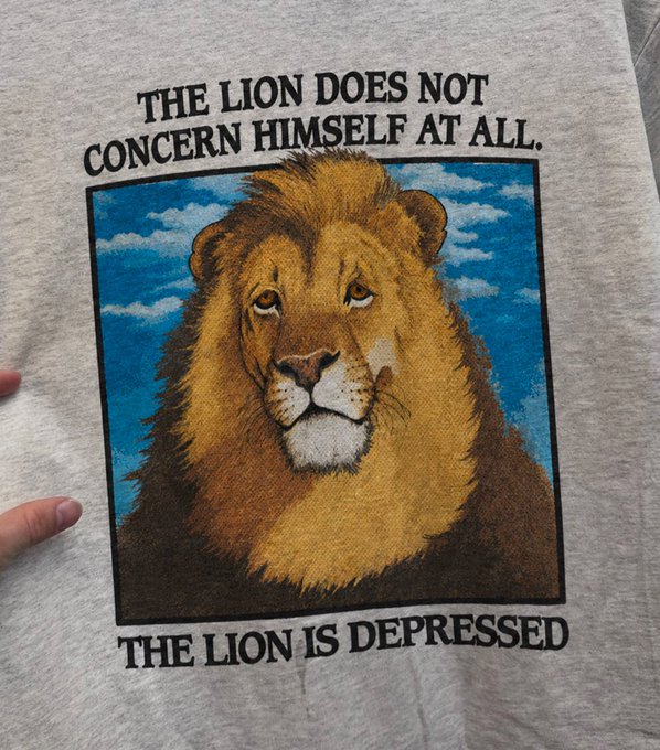 A gray t-shirt featuring an illustration of a lion's face with text reading 'THE LION DOES NOT CONCERN HIMSELF AT ALL. THE LION IS DEPRESSED.'