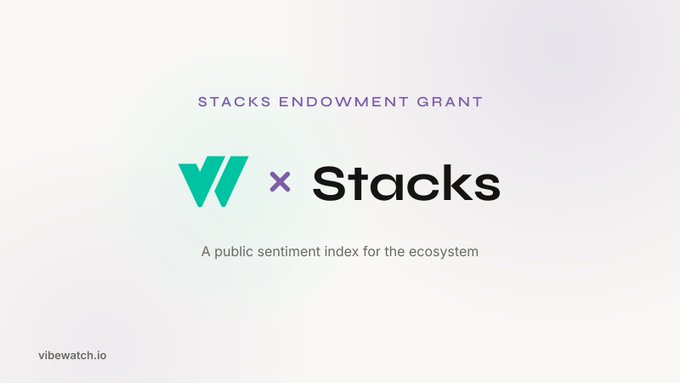 The image celebrates a Stacks Endowment Grant for Vibewatch, showcasing a partnership that creates a public sentiment index for the ecosystem. The graphic features the Vibewatch logo partnered with "Stacks", visually representing the grant's support and the project's growth.