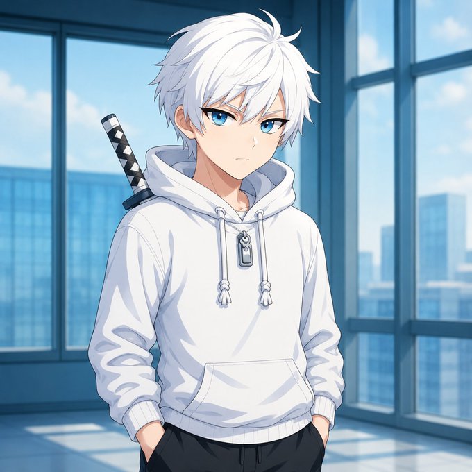 An anime-style illustration of a young man with messy white hair and blue eyes, wearing a white hoodie with a sword strapped to his back, standing in a modern glass-walled room.