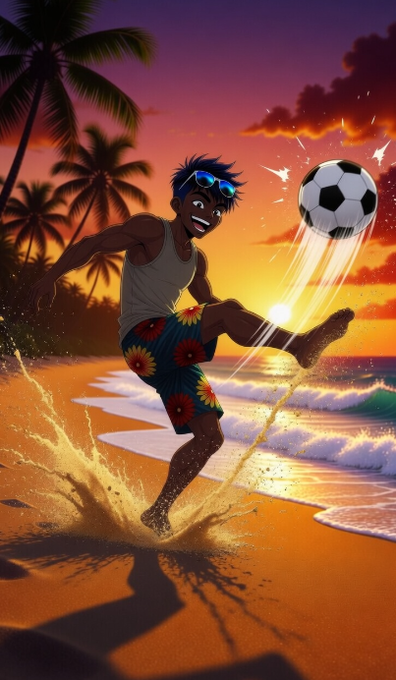 The image features a man playing soccer at the beach during sunset with his feet kicking up sand as he attempts to kick a soccer ball. The scene captures the essence of enjoying outdoor activities like sports or simply spending time outdoors, appreciating nature's beauty. The caption provided seems unrelated and does not connect well with the main visual content. It is essential for the image to have a clear connection to the post in order to effectively communicate the intended message.