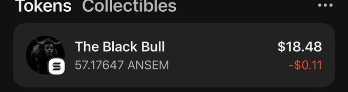 The image shows a "Tokens Collectibles" interface displaying "The Black Bull" with a balance of 57.17647 ANSEM, valued at $18.48 with a -$0.11 change. This relates to the post's tutorial about fixing $ANSEM token visibility on BullPenFi, illustrating the type of holdings users should see after properly linking their wallet and X account.