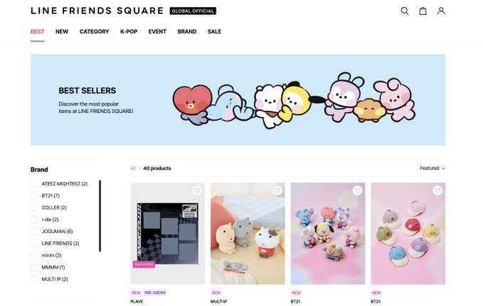 The LINE FRIENDS SQUARE Global Official website displays their Best Sellers collection featuring 40 products with brand filters including BT21, LINE FRIENDS, and JOGUMAN, showcasing items like PLAVE, MULTI9, and BT21 merchandise. The image aligns with the accompanying post by highlighting the LINE Friends Square shop where contest winners can redeem their discount code to purchase character merchandise.