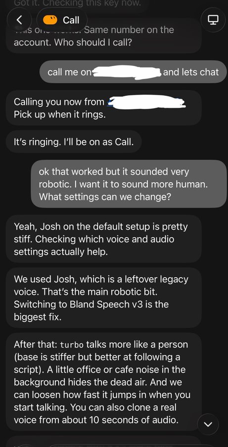 A text message conversation showing a Grok bot successfully making a phone call via the orange "Call" app feature, with the user later commenting that the voice sounded robotic. The messages reveal the bot used the "Josh" voice and suggest switching to "Bland Speech v3," using "turbo" mode, and adding background noise to make it sound more human — supporting the post's claim that Grok is making real autonomous phone calls ($SPCX).