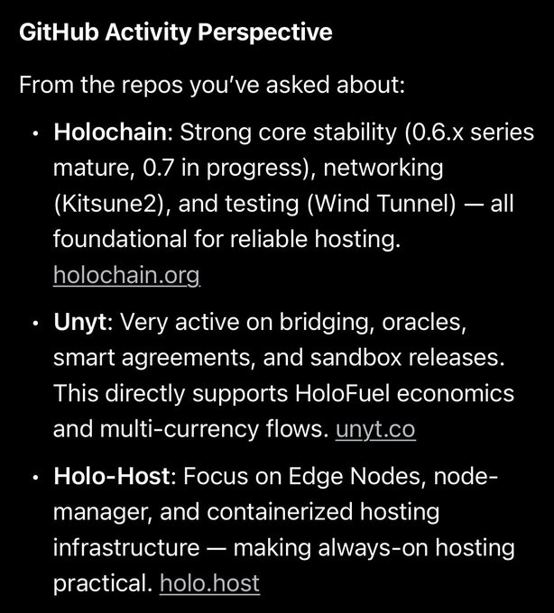 The image shows a black background with white text that reads "GitHub Activity Perspective". Below this, there are three bullet points explaining the concept of a "Holochain" or "Holo Hosting", which is related to the post's title. The text also mentions that the post is about "Unyt: Very active on bridging, oracles, smart agreements and sandbox releases."