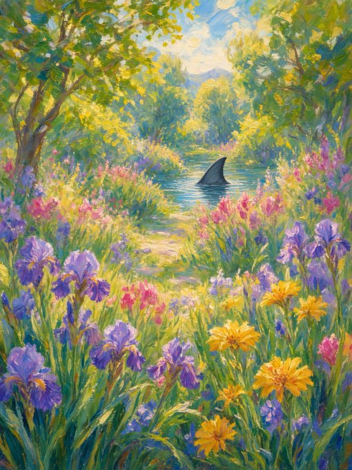 An impressionist-style painting shows a serene landscape with vibrant purple, pink, and yellow wildflowers lining a path that leads to a pond where a shark fin breaks the water's surface.