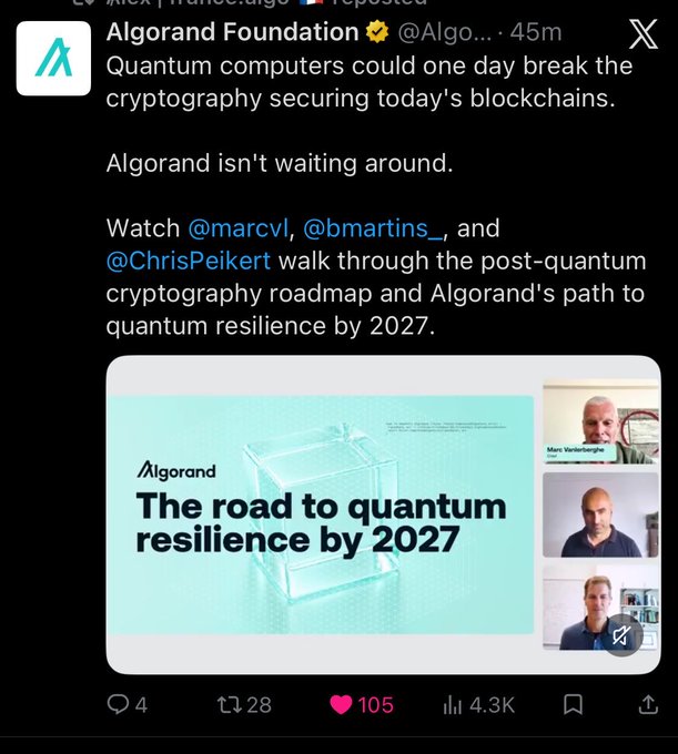 The image features a twitter post where an account is discussing the idea of "road to Quantum Resilience". A screenshot of the original tweet shows multiple people, possibly the account @AlgoFoundation, and a white square graphic of a block with black lines inside it. The text in the post reads: "The lack of communication by @AlgoFoundation on this is alarming. Not to mention the zero interest in fixing the huge liquidity problem we have.".