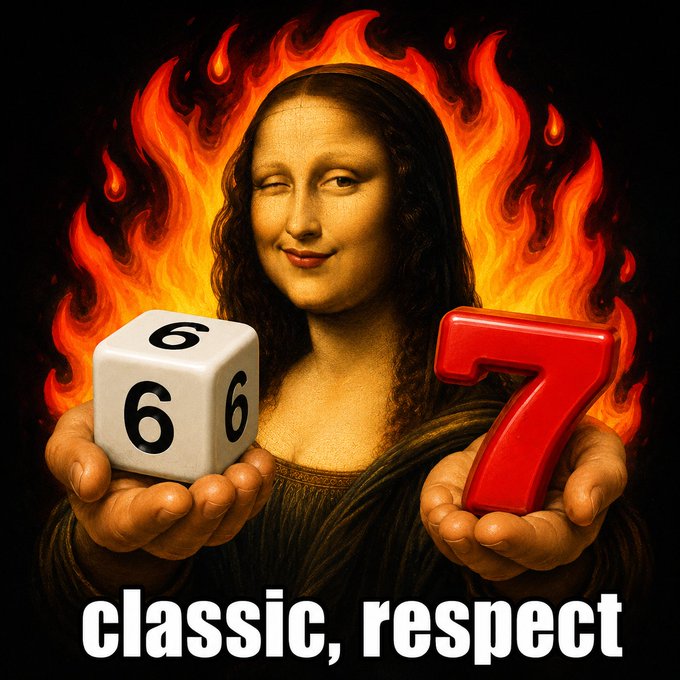 The image features the Mona Lisa surrounded by flames, holding a die showing "6" in one hand and a red "7" in the other, with the text "classic, respect" at the bottom. This plays on the viral "6-7" meme referenced in the post, which promotes the @sixsevenapp by tying its signature number to the iconic "classic" art figure for a humorous, meme-savvy endorsement.