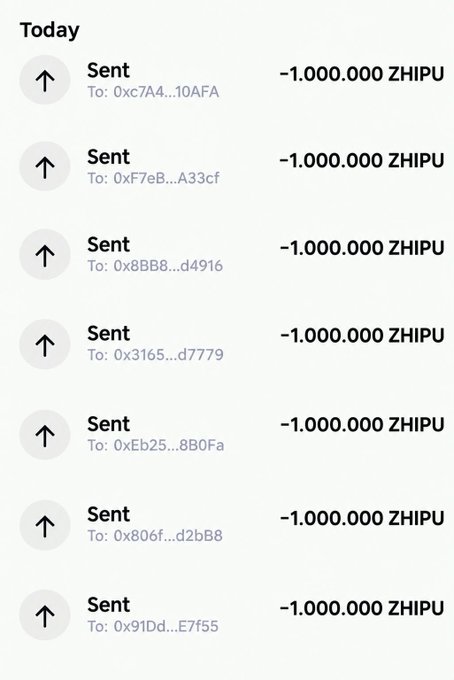 A transaction history showing seven consecutive ZHIPU token transfers, each sending exactly 1,000,000 ZHIPU to different wallet addresses, supporting the claim that $ZHIPU airdrop distributions have begun as advertised.