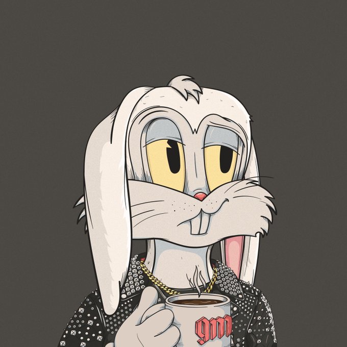 A cartoon illustration of a white rabbit character wearing a black studded jacket and gold chain, holding a white mug with red "gym" lettering.