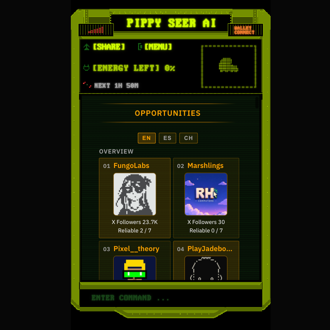 A retro-styled green digital interface titled 'PIPPY SEER AI' displays an 'OPPORTUNITIES' menu with options like '01 FungoLabs' and '02 Marshlings', showing follower counts and reliability metrics.